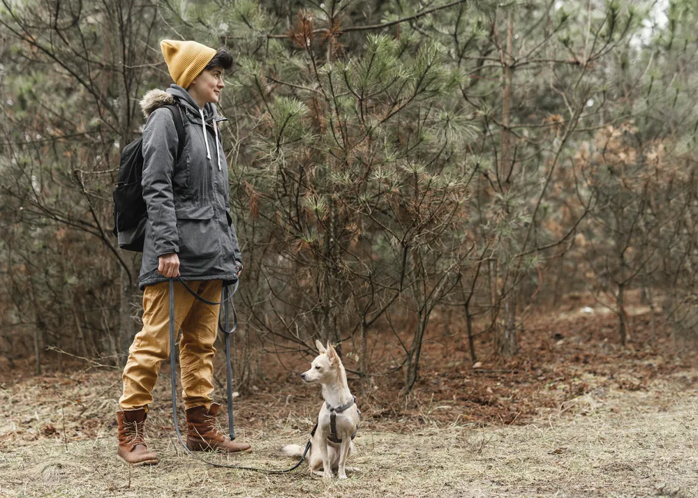 Randonneuse et son petit chien en laisse dans une forêt de pins, illustrant les sentiers de randonnée à proximité du camping acceptant les chiens.